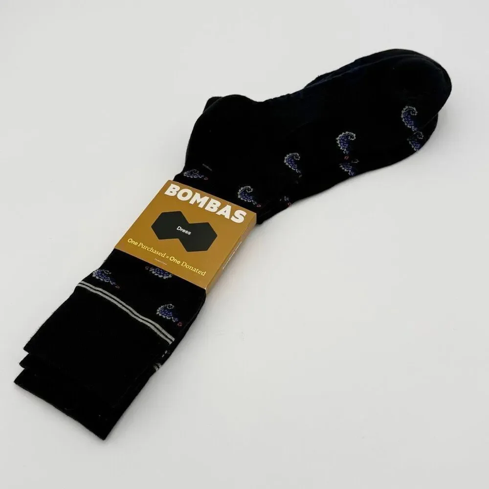 Bombas Men’s Calf Crew Black Dress Socks with Chameleon Colorful Print - 2 Pair